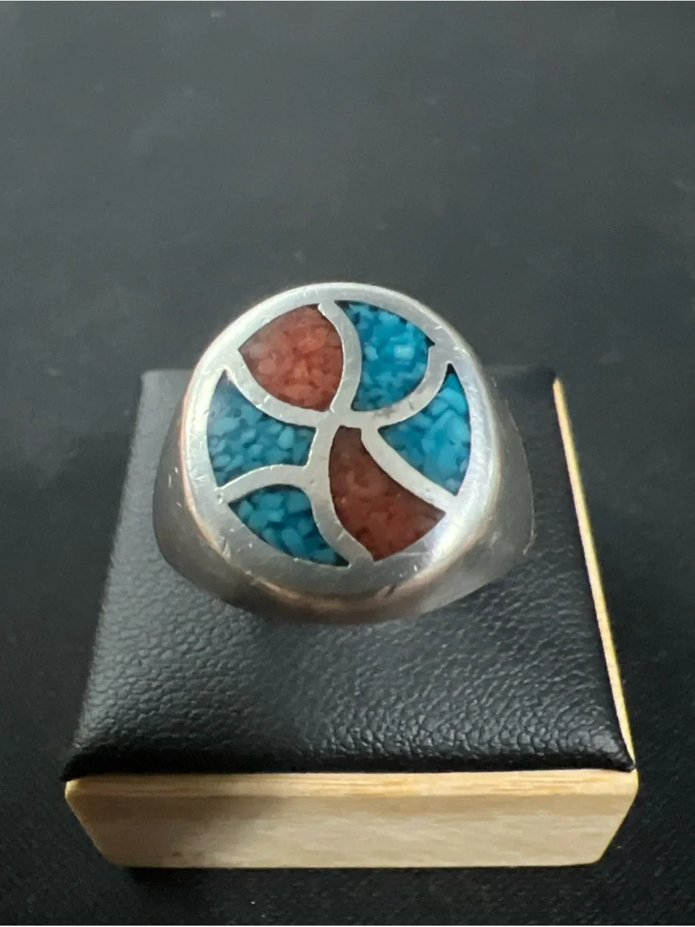 VTG Sterling Silver 925 Signed Navajo Turquoise Coral Mosaic Inlay Ring Sz 9.5